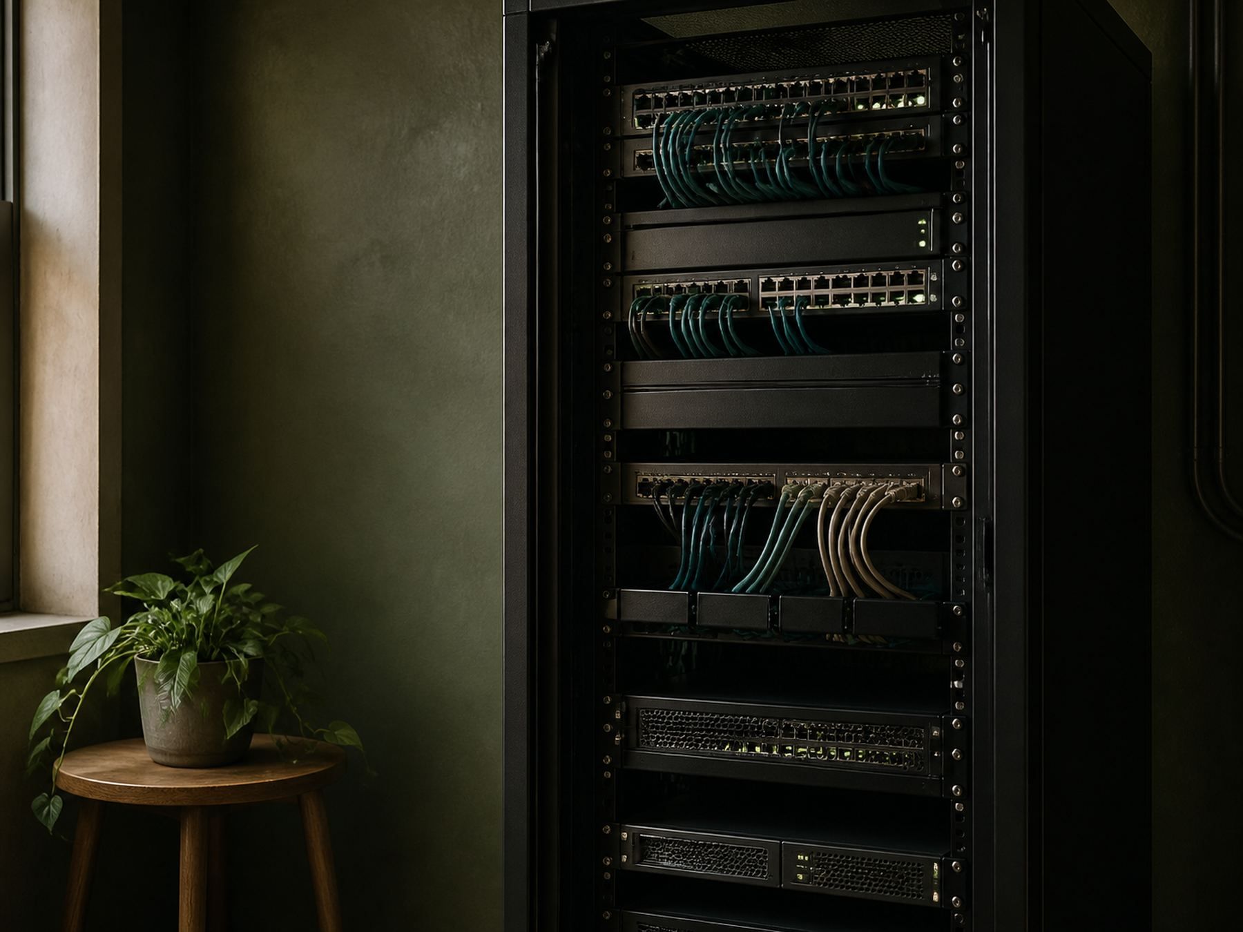 Tủ mạng với thiết bị gắn rack, đèn tín hiệu và dây cáp được sắp gọn